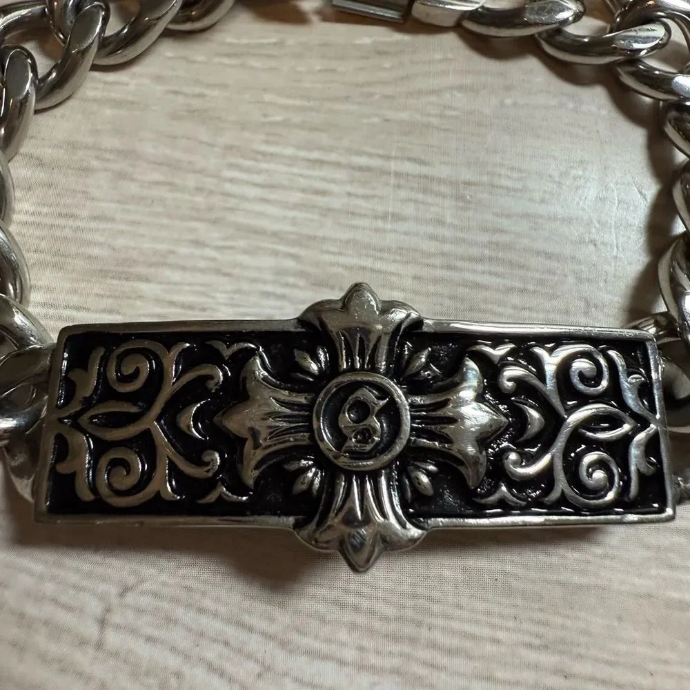 Men’s Stainless Steel Biker Bracelet Gothic Cross Plate Chunky Cuban Chain